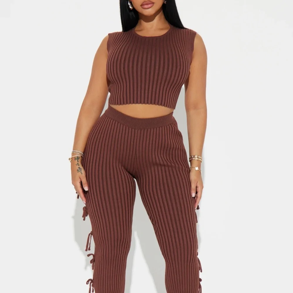 Chocolate Brown Rib Knit Pant Set - Picture 1 of 3